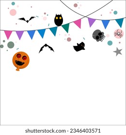 Happy Halloween logo text design.  Flag party and happy Halloween with pumpkin bat owl skeleton spider and ghost. Vector with black lines isolated on white background
