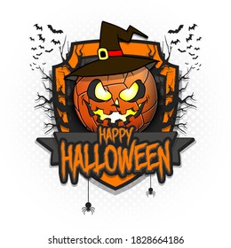 Happy Halloween. Logo volleyball ball in the form of a pumpkinin in witch hat on an isolated background. Design template for banner, poster, greeting card, flyer, party invitation. Vector illustration