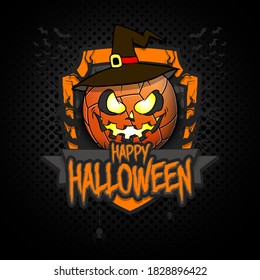 Happy Halloween. Logo volleyball ball in the form of a pumpkinin in witch hat on an isolated background. Design template for banner, poster, greeting card, flyer, party invitation. Vector illustration