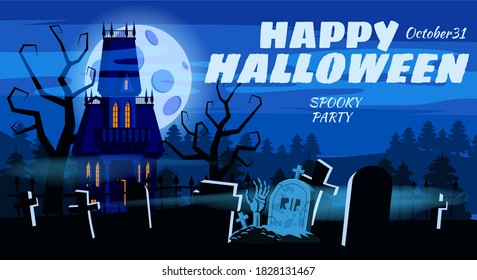 Happy Halloween Lonely scary abandoned mansion cemetery graves. Vector isolated cartoon style
