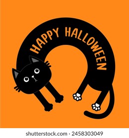 Feliz Halloween. Gato de cuerpo largo. Forma redonda del círculo que pone al gatito. Caricatura bebé mascota personaje. Lindo kawaii escalofriante cara negra de cabeza de gatito, impresión de pata. Diseño plano. Fondo naranja. Ilustración vectorial