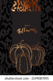 Happy Halloween luxury border template with golden linear pumpkins, handwritten lettering and scribble texture on black background