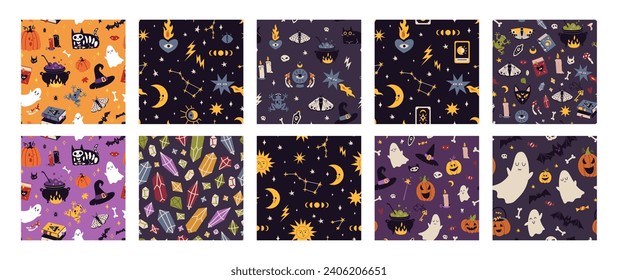 Happy Halloween, magic and astrology seamless patterns set with decoration carnival elements. Mystical magic background, cartoon style. Trendy modern vector illustration, hand drawn, flat design
