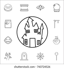 Happy Halloween Magic castle in round icon. Set of Halloween icons on white background