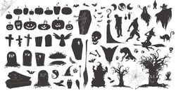 Happy Halloween Magic Collection, Witch, Wizard Attributes, Creepy And Spooky Elements For Halloween Decorations, Doodle Silhouettes, Sketch, Icon, Sticker. Hand Drawn Vector Illustration.