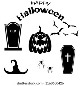 Happy Halloween Magic collection, witch, wizard attributes, creepy and spooky elements for halloween decorations, doodle silhouettes, sketch, icon, sticker.Vector illustration.