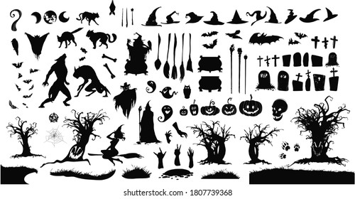 Happy Halloween Magic collection, witch, wizard attributes, creepy and spooky elements for halloween decorations, doodle silhouettes, sketch, icon, sticker. Hand drawn vector illustration.