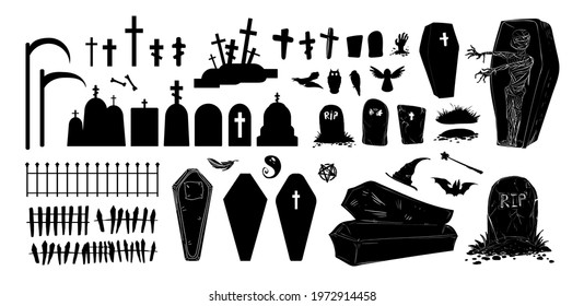 
Happy Halloween Magic collection, witch, wizard attributes, creepy and spooky elements for halloween decorations, doodle silhouettes, sketch, icon, sticker. Hand drawn vector illustration.