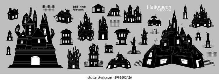 Happy Halloween Magic collection, witch, wizard attributes, creepy and spooky elements for Halloween decorations, doodle silhouettes, sketch, icon, sticker. Hand drawn vector illustration.
