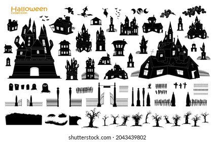 Happy Halloween Magic collection, witch, wizard attributes, creepy and spooky elements for halloween decorations, doodle silhouettes, sketch, icon, sticker. Hand drawn vector illustration.