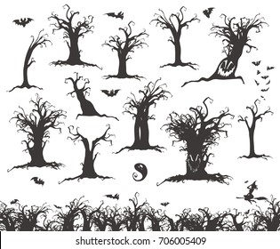 Happy Halloween Magic collection, witch, wizard attributes, creepy and spooky elements for halloween decorations, doodle silhouettes, sketch, icon, sticker. Hand drawn vector illustration.