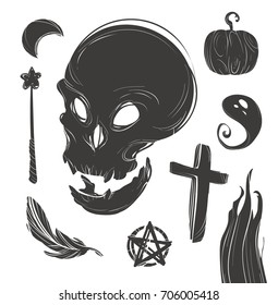 Happy Halloween Magic collection, witch, wizard attributes, creepy and spooky elements for halloween decorations, doodle silhouettes, sketch, icon, sticker. Hand drawn vector illustration.