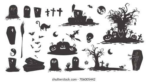 Happy Halloween Magic collection, witch, wizard attributes, creepy and spooky elements for halloween decorations, doodle silhouettes, sketch, icon, sticker. Hand drawn vector illustration.