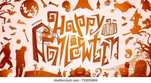 Happy Halloween Magic collection, witch, wizard attributes, creepy and spooky elements for halloween decorations, doodle silhouettes, sketch, sticker. Paper art, Hand drawn vector illustration.
