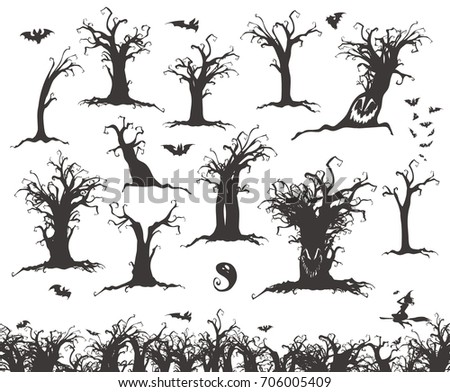 Happy Halloween Magic collection, witch, wizard attributes, creepy and spooky elements for halloween decorations, doodle silhouettes, sketch, icon, sticker. Hand drawn vector illustration.