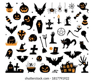 Happy Halloween Magic collection, wizard attributes, creepy and creepy elements for Halloween decorations, doodle silhouettes, sketch, icon, sticker. Hand drawn vector illustration.