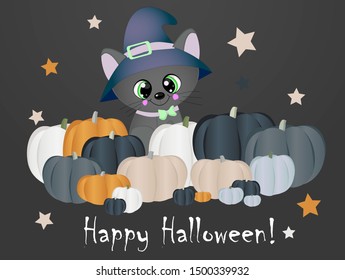 Happy Halloween! Magic night. Greeting card with cat and pumpkins.