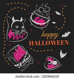 Happy Halloween, Magic Set, Potion Cauldron, Cat, Spell Book, Doodle Style Drawing On Dark Background