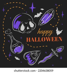 Happy Halloween, Magic Set, Potion Bottle, Skull, Dagger, Doodle Style Drawing On Dark Background