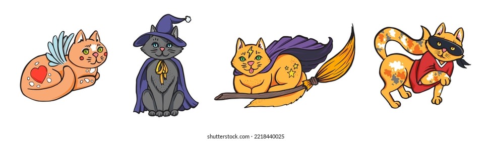 Happy Halloween magical witch cats set of 4 isolated on white background, cute wizard cats in costumes vector illustration