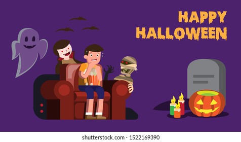 happy halloween, man scared watch horror movie with dracula, ghost, mummy with pumpkin decoration vector