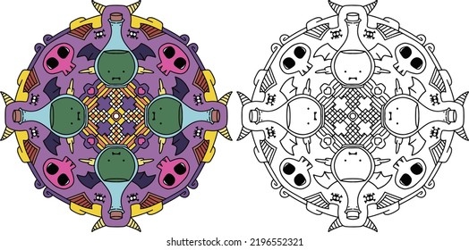 Happy Halloween mandala with skull and potion bottle elements. Hand-drawn lines. Doodles art for greeting cards, invitations, or posters. Coloring book for adults and kids.