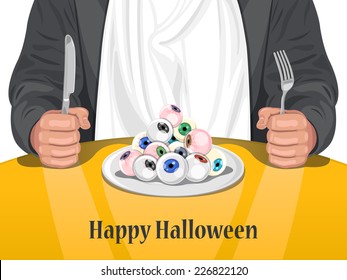 Happy Halloween - Maniac eating human eyeballs - Vector illustration