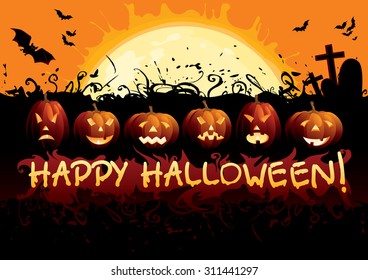 Happy Halloween! Many glowing halloween pumpkins, tree, grave stone, many flying  bats and text "Happy Halloween"on  abstract background with big moon.