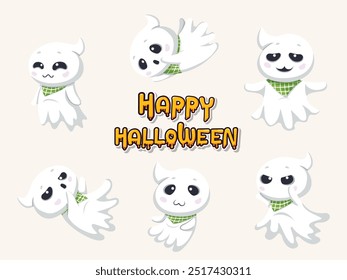 Happy halloween of many white flying ghosts. Ghosts character collection with flat design. Vector illustration .Happy halloween day