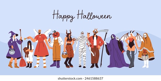 Happy Halloween, masquerade party banner background. People dressed in costumes, disguised as creepy characters. Spooky October holiday night, festive carnival celebration. Flat vector illustration