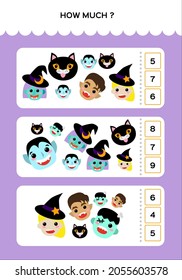 Happy Halloween Math Game for kids with Monsters. Mathematical practice. Education Game for Children. how much and how many.