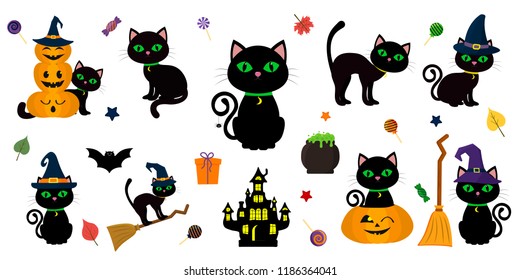 Happy Halloween. Mega set of black cat with green eyes in different poses with a pumpkin, on a broomstick, in a hat of a witch and other elements isolated on a white background. Cartoon, vector.