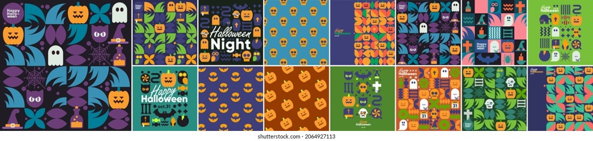 Happy Halloween. Mega set. October 31. A set of simple vector illustrations. Minimalist, geometric, background. Pattern Collection. Perfect for poster, media banner, cover or postcard.