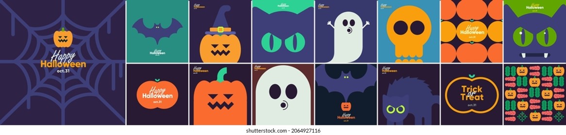 Happy Halloween. Mega set. October 31. A set of simple vector illustrations. Minimalist, geometric, background. Pattern Collection. Perfect for poster, media banner, cover or postcard.