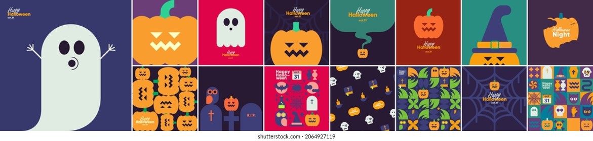 Happy Halloween. Mega set. October 31. A set of simple vector illustrations. Minimalist, geometric, background. Pattern Collection. Perfect for poster, media banner, cover or postcard.