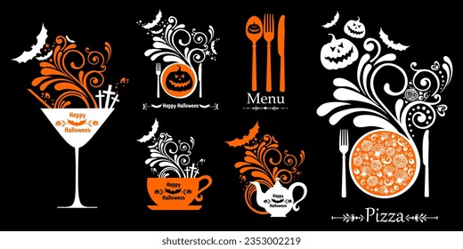 Happy Halloween. Halloween Menu Template. Restaurant cafe menu, template design. Food flyer. Design elements isolated on black background with space for text,  vector illustration 