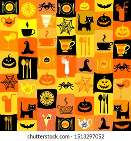 Happy Halloween. Menu Template. Halloween seamless background with bats, spider, black cat and pumpkin. Colorful picture. Vector illustration