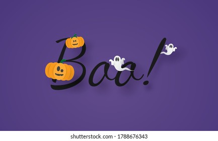 Happy Halloween message Boo! with flying ghost and pumpkins