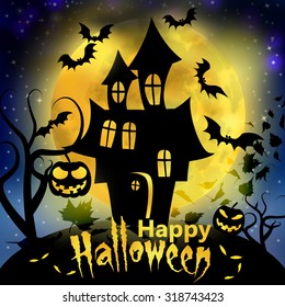 Happy Halloween message design background, vector illustration with dark house, bats, wind, pumpkin, silhouette, moon and moonlight.
