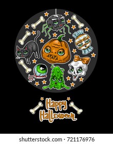 Happy Halloween message design background with pumpkins, Skull, Spider, Slime, Cat, Bat, Bone 