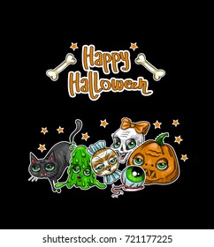 Happy Halloween message design background with pumpkins, Skull, Spider, Slime, Cat, Bat, Bone 