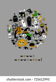 Happy Halloween message design background with pumpkins, Skull, Spider, Slime, Cat, Bat, Bone