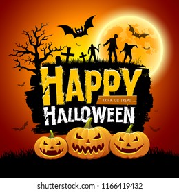 Feliz diseño de mensajes de Halloween con calabazas, murciélago, árbol, zombies y luna llena sobre fondo naranja, ilustración vectorial