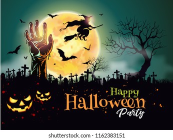Happy Halloween message design witch and zombie hand on fullmoon background.-vector illustrations