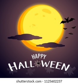 Happy Halloween message graphic design background with super moon and cloudy. Horror and haunted concept. Scary of Halloween day scene. Silhoulette bats and Ghosts shadow element. Vector illustration