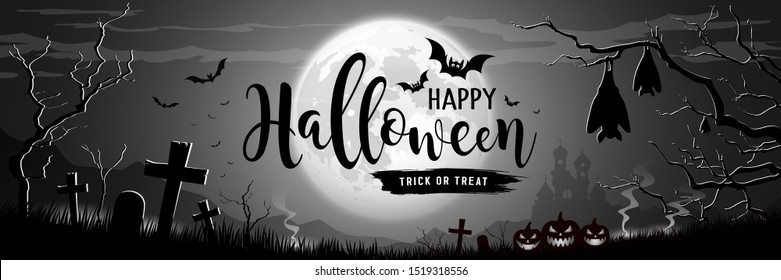 Feliz mensaje de Halloween en la Luna y el Castillo, árboles en fondo gris, ilustración del vector