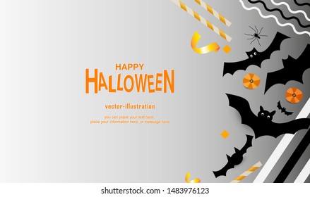 Happy Halloween message pumpkin and bat on gray - Flat lay and digital craft style vector backgrounds