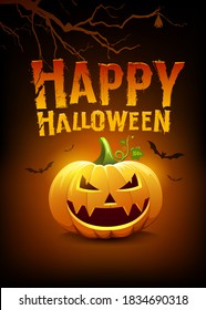 Happy Halloween message pumpkins and bat with tree, on orange and black poster design background, Eps 10 vector illustration