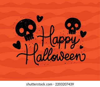 happy halloween message with skulls and hearts
