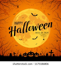 Happy Halloween message yellow full moon and bat on tree with rough surface background, vector illustration